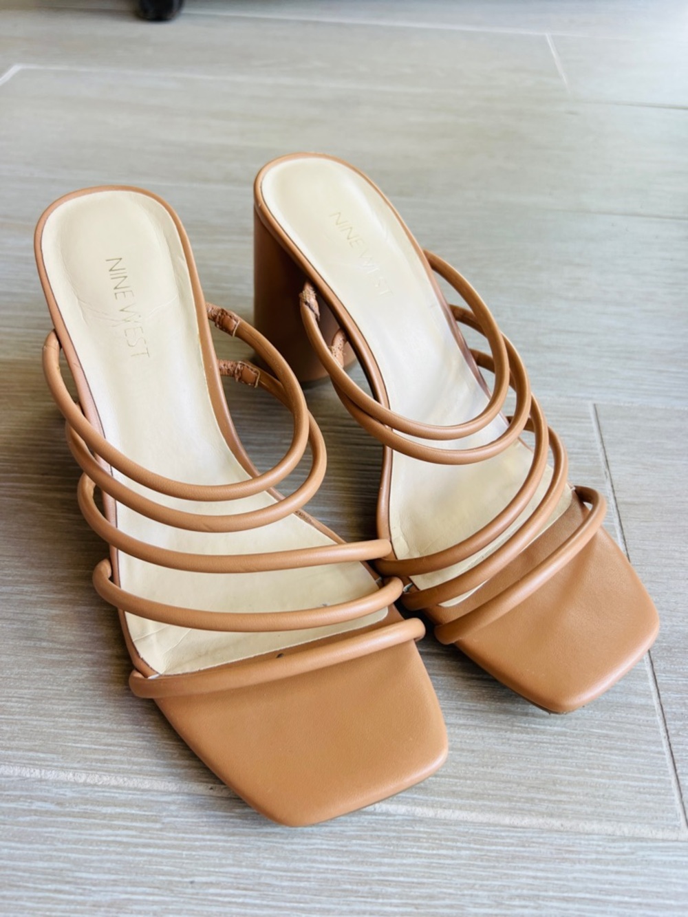 Nine West Cognac Multi-Strap Block Heel Sandals